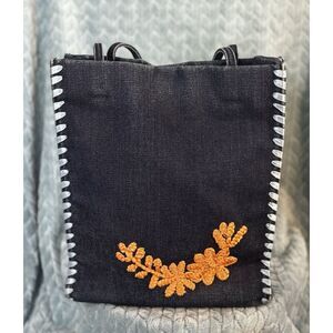Rare Vintage Bebe Denim Handbag Embroidered Ribbon Weave Bohemian Hippie Bag‎